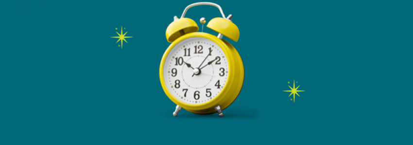 picture of a yellow clock with a teal background