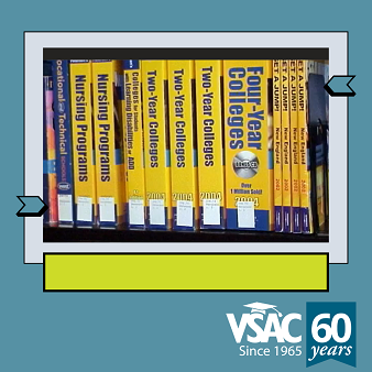 Books cataloging schools on the shelf in the VSAC Resource Center