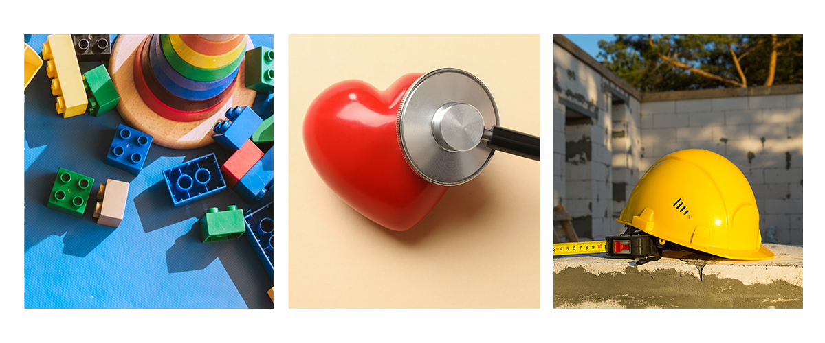 image trio, 1. legos, 2. stethoscope on toy heart, 3. hardhat at worksite