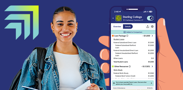 A smartphone screen showing an app and a student in the background