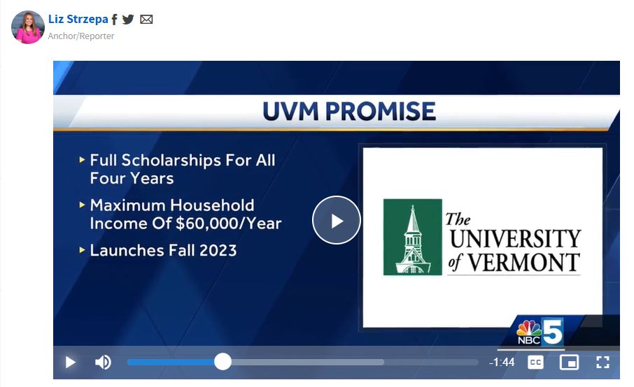 NBC5 Report on UVM Promise. Screenshot of video. 