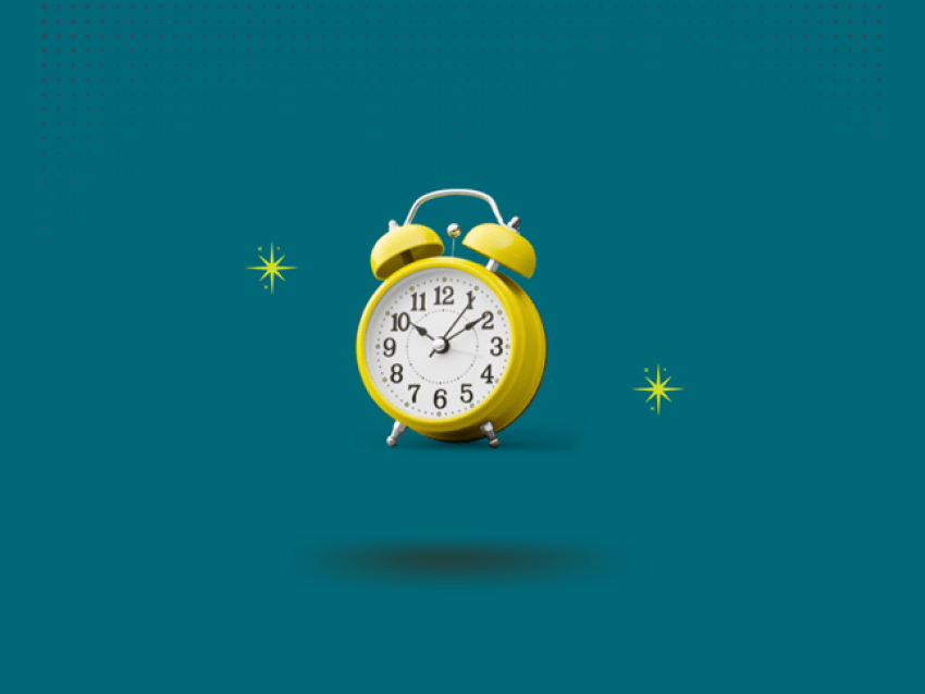 picture of a yellow clock with a teal background