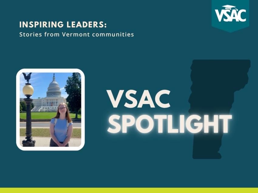 Young female in front of Vermont State Capitol building