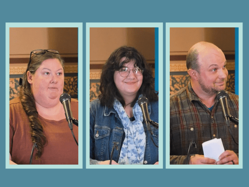 Three adult students in a grid