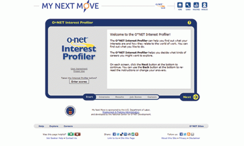 home page for oNet interest profiler